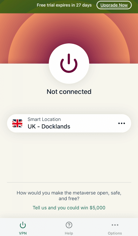 ExpressVPN iOS Startbildschirm mit Testbanner