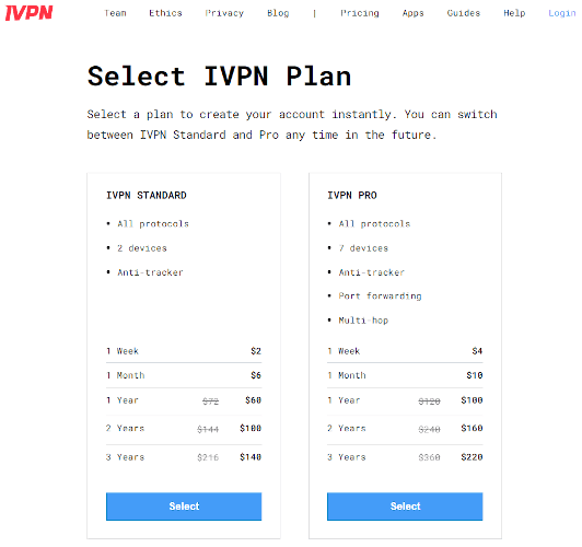 Página de los planes de pago de IVPN