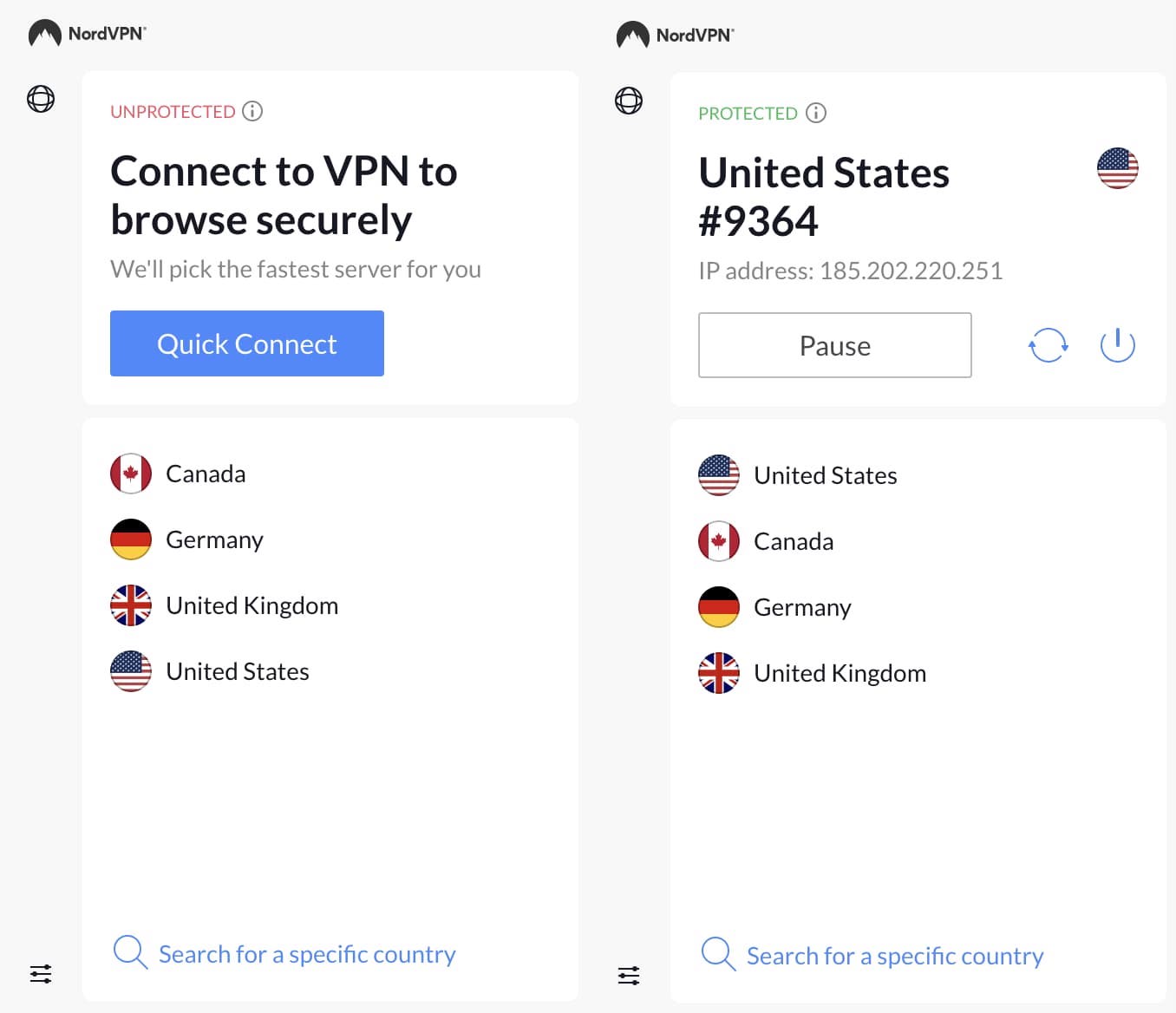 NordVPN Chrome Before and After Connecting