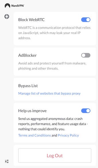 NordVPN Chrome settings menu