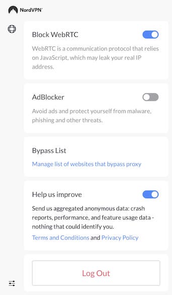 Het instellingenmenu van NordVPN Chrome.