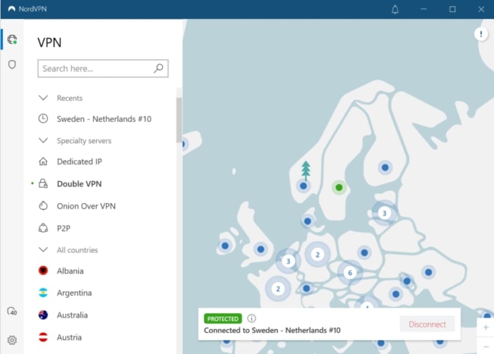 Zrzut ekranu z usługi NordVPN przedstawiający udane połączenie między Szwecją i Holandią