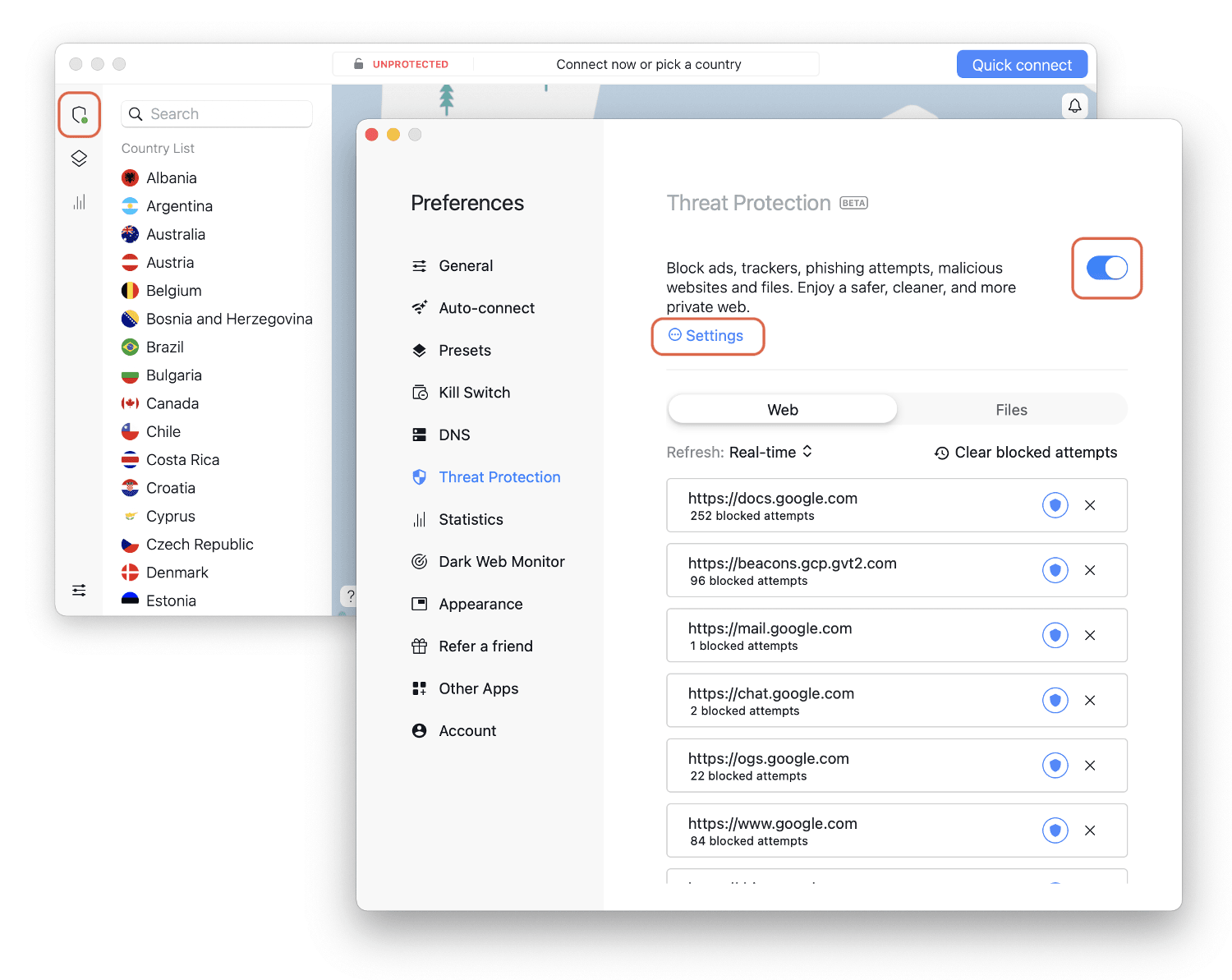 Screenshot of NordVPN's macOS app. Three sections are highlighted: a shield in the top left of the homepage, the toggle next to Threat Protection in Settings, and Settings button in Threat Protection. 