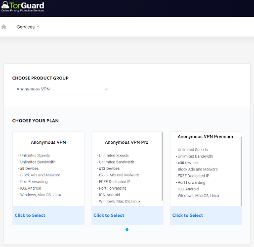 The TorGuard pricing page