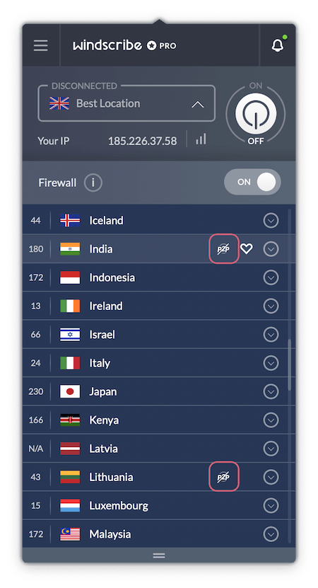 Windscribe's servers which cannot be used for torrenting