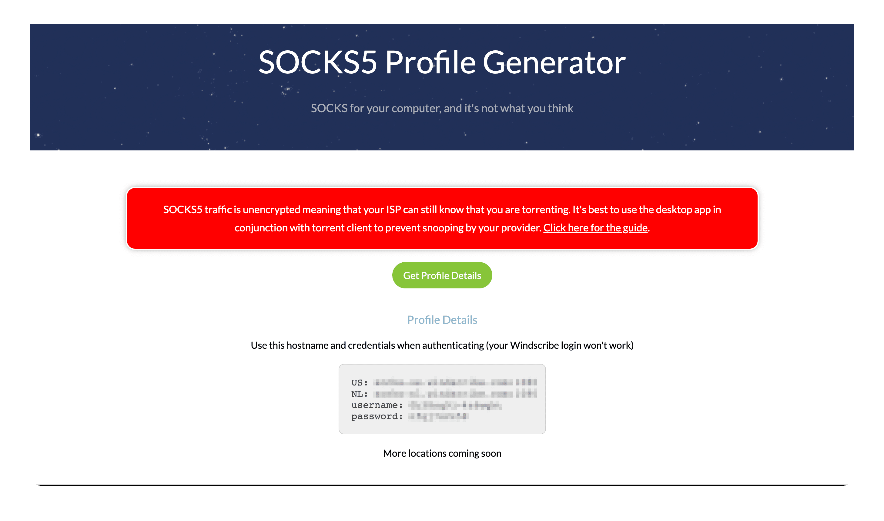 Windscribe SOCKS5 configuration page