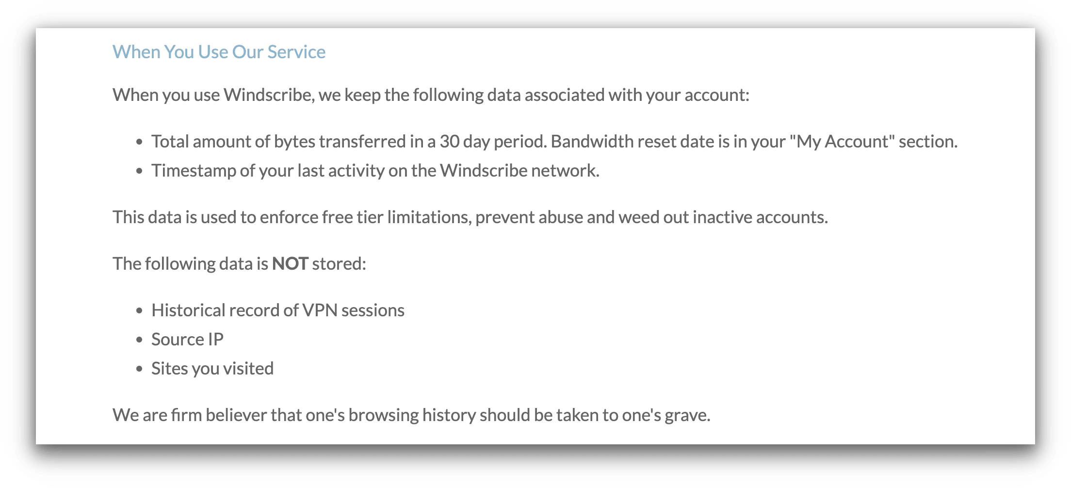 An excerpt from Windscribe VPN's logging policy