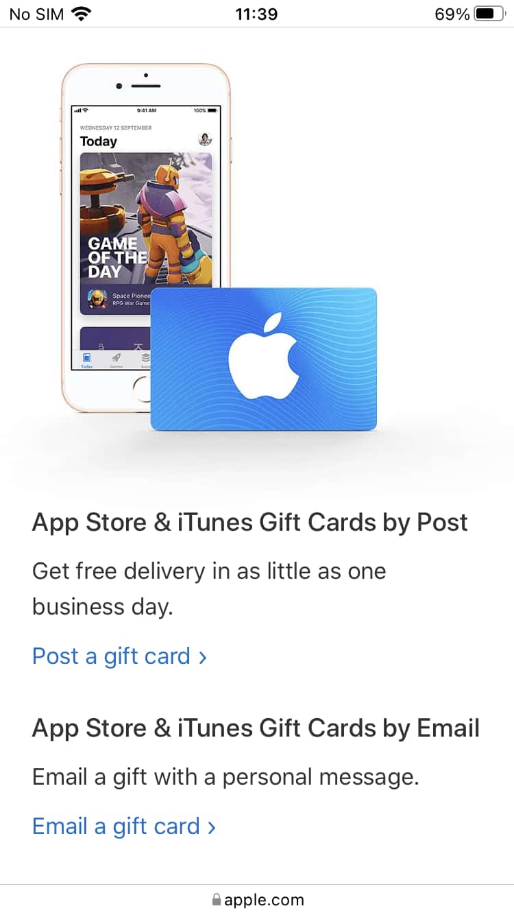 Zakup karty upominkowej na stronie Apple.