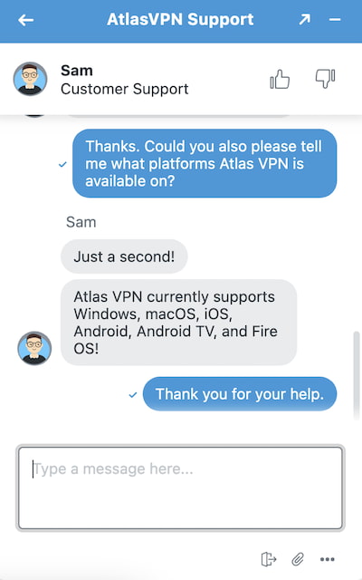 Atlas VPN의 실시간 상담 기능