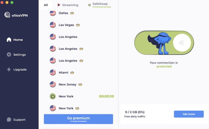 Startskärmen för Atlas VPN-appen med ett kostnadsfritt abonnemang