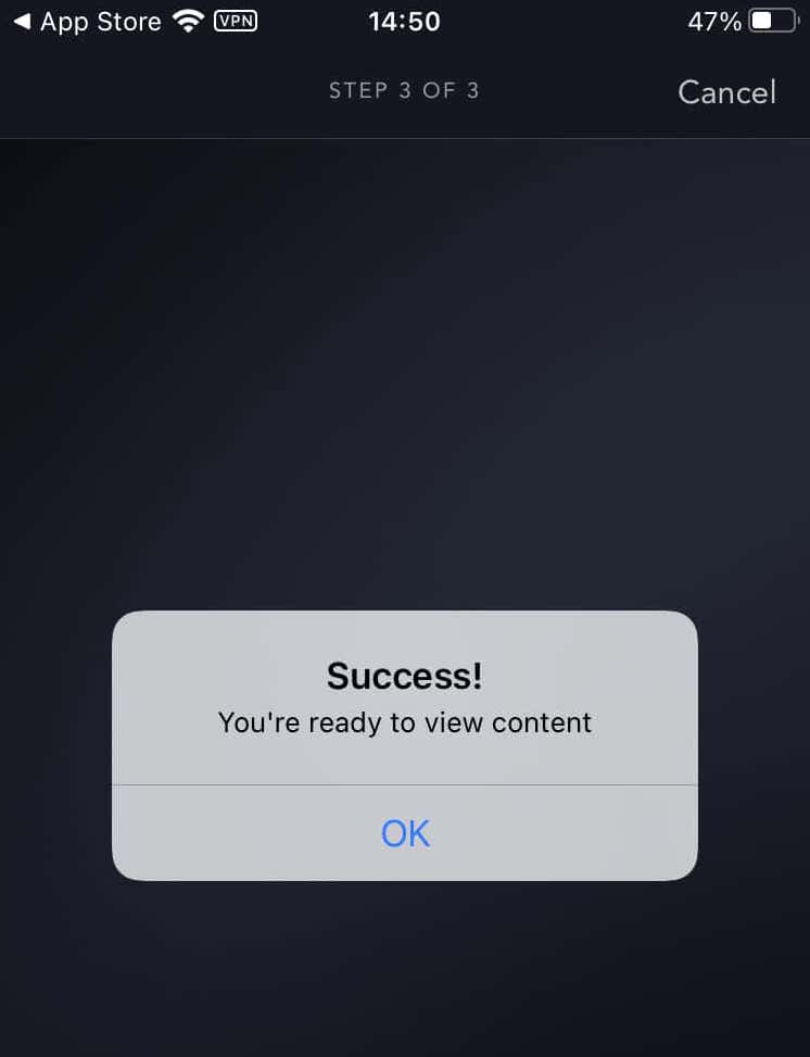 Notificación recibida al completar el proceso de iniciar sesión en Disney+