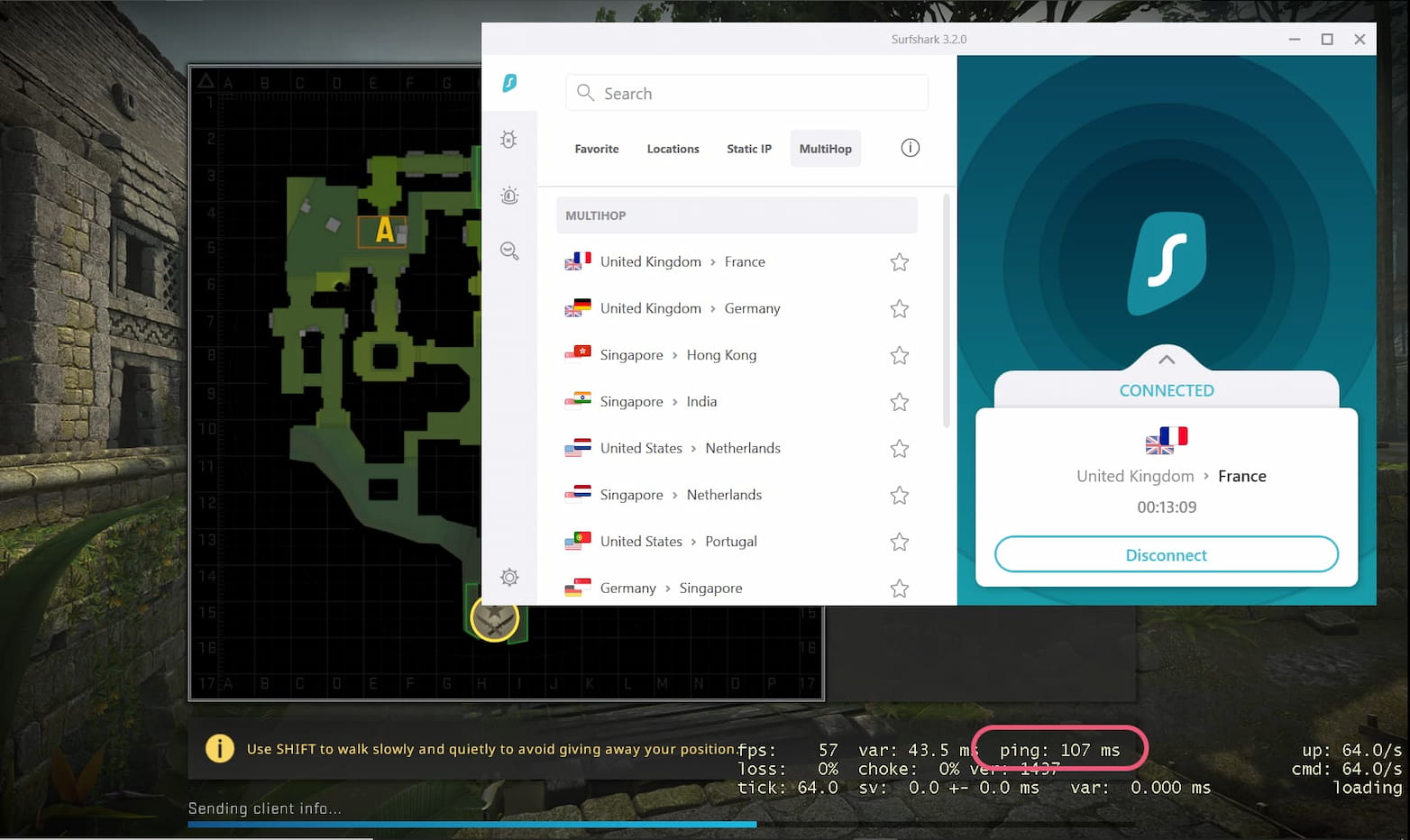 Probando las abilidades de gaming de la función Double VPN de Surfshark