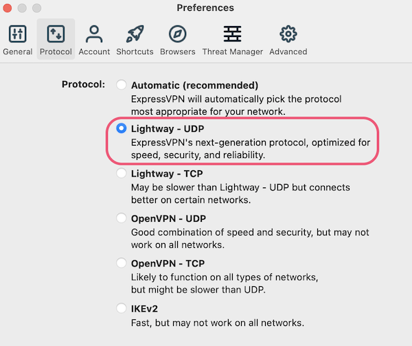 Cambiar al protocolo de Lightway en la aplicación ExpressVPN