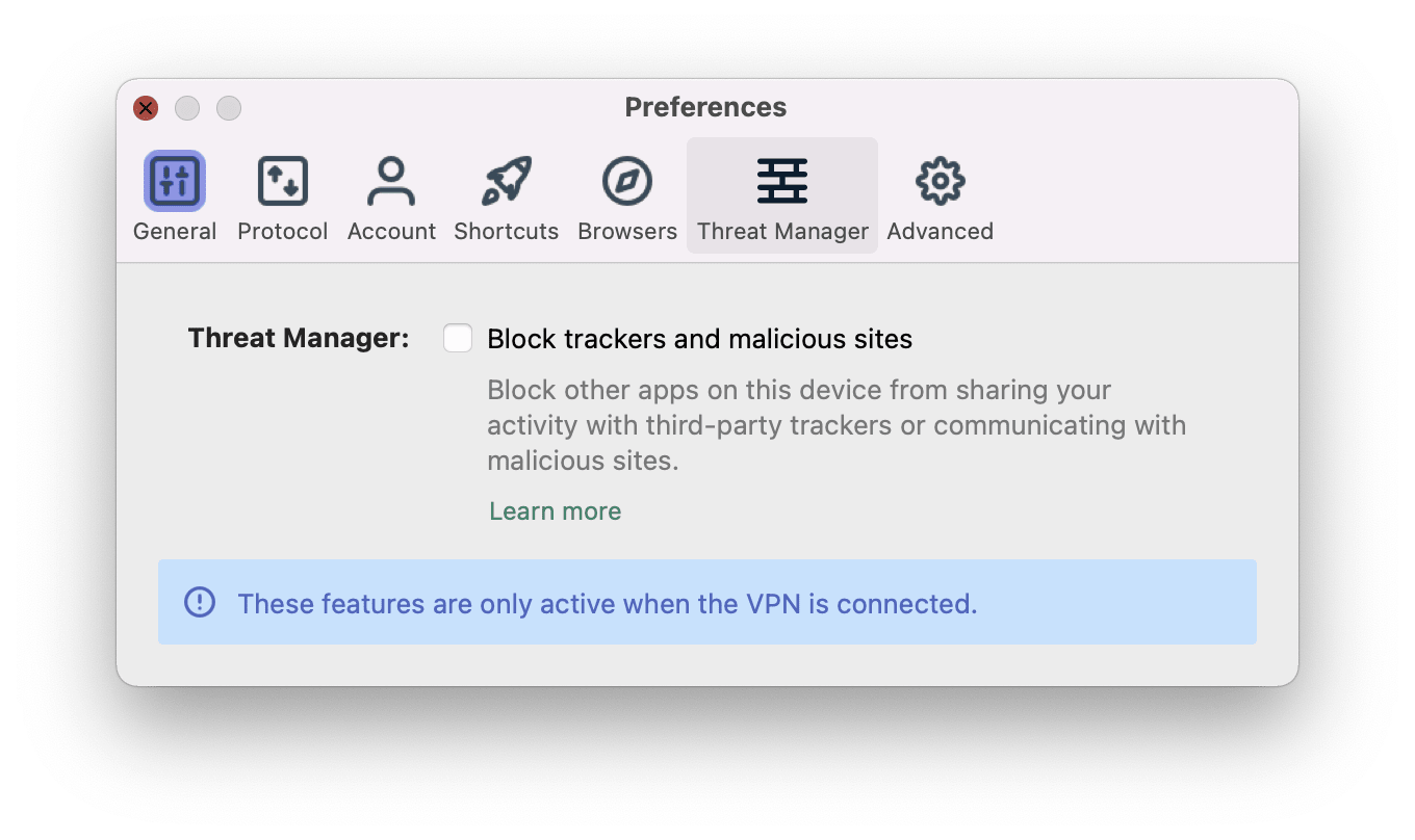 La funcionalidad Threat Manager de ExpressVPN en macOS