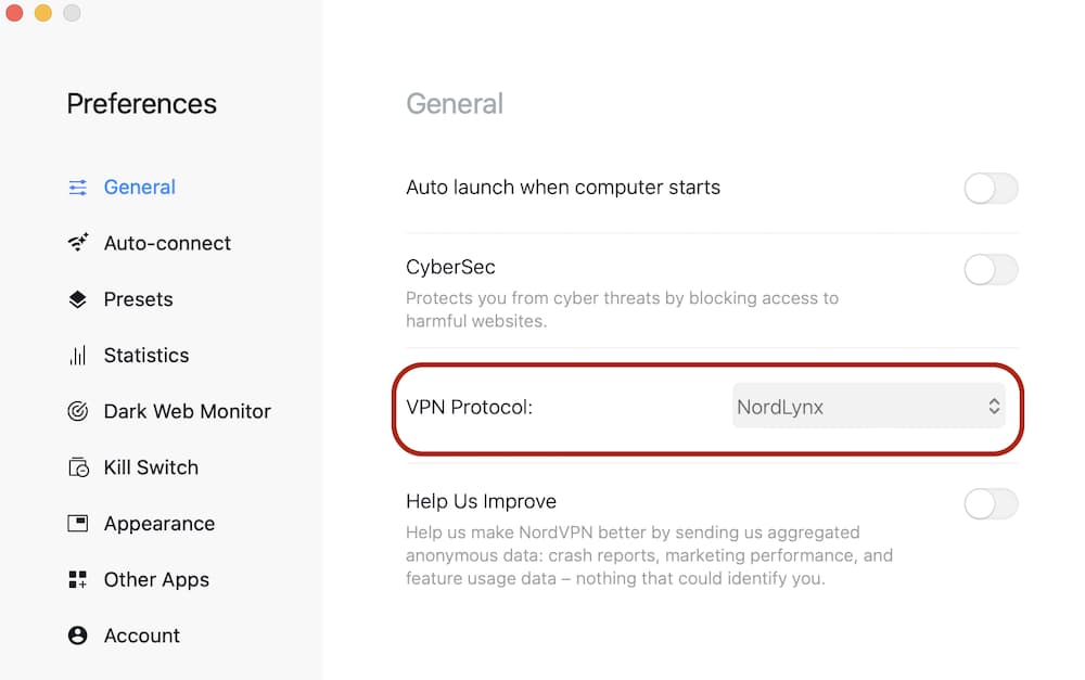 Changer de protocole VPN sur l'application NordVPN