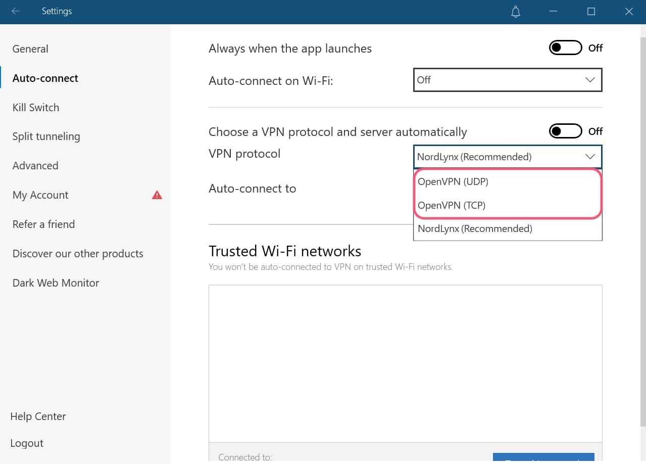 Configurações de protocolo da NordVPN.