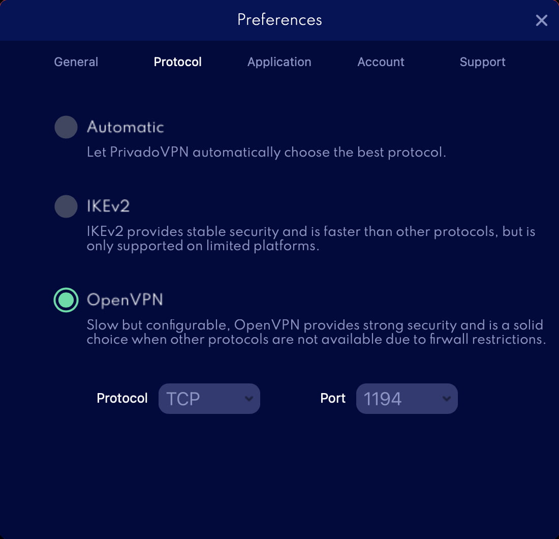 PrivadoVPN macOS Preferences Menu