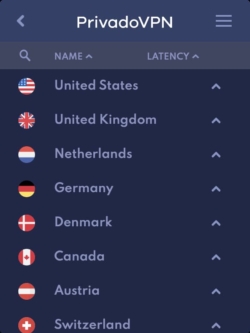 PrivadoVPN Sever List