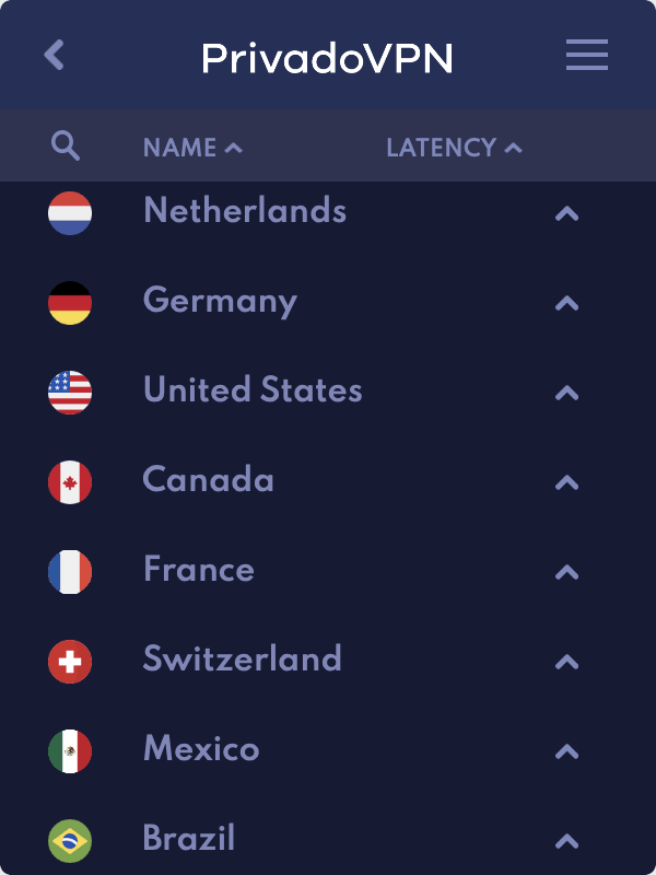 PrivadoVPN free's server selections