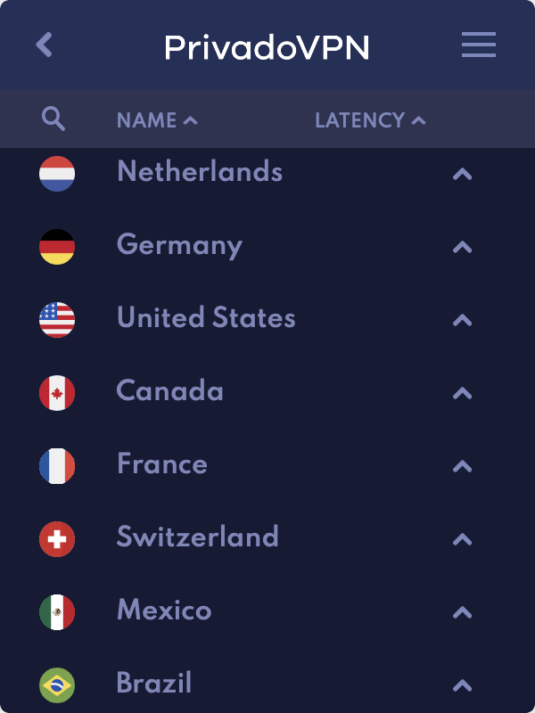 Seleções de servidores do PrivadoVPN Grátis