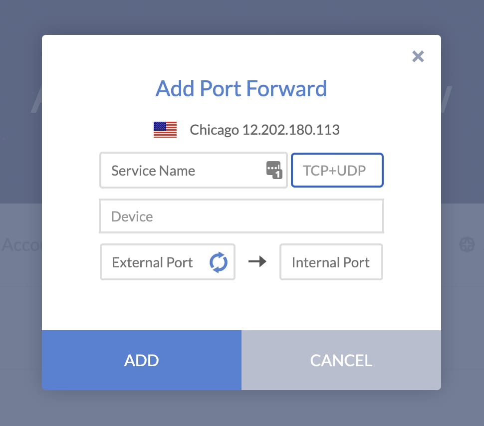 Port forwarding setup on the Windscribe website