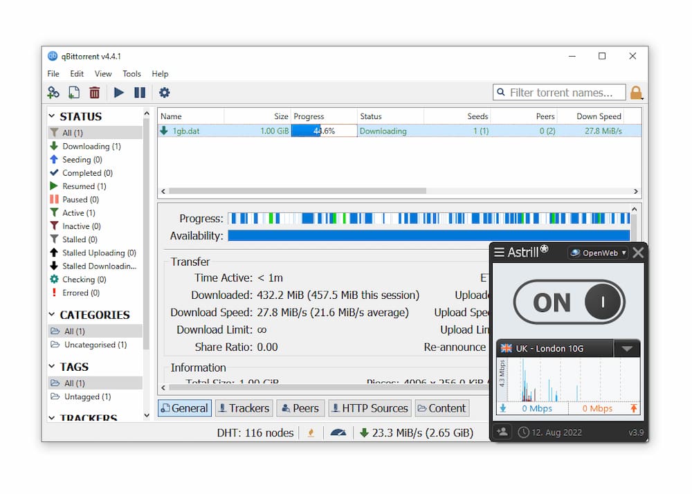 The qBittorrent client downloading a test torrent file while Astrill VPN runs in the foreground