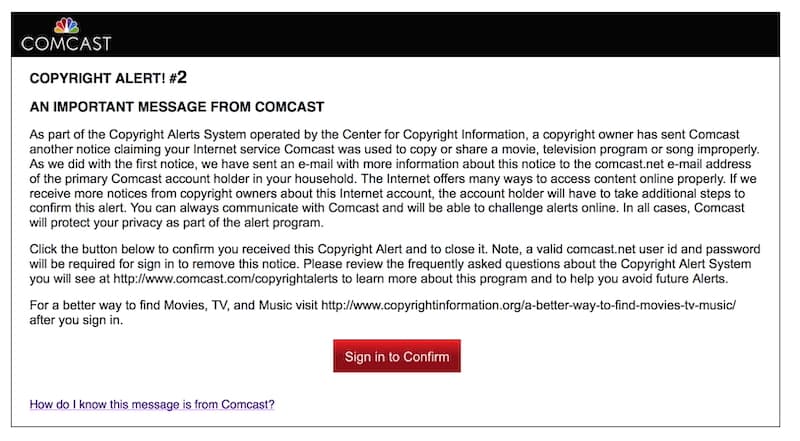 Comcast Torrenting Copyright Notice
