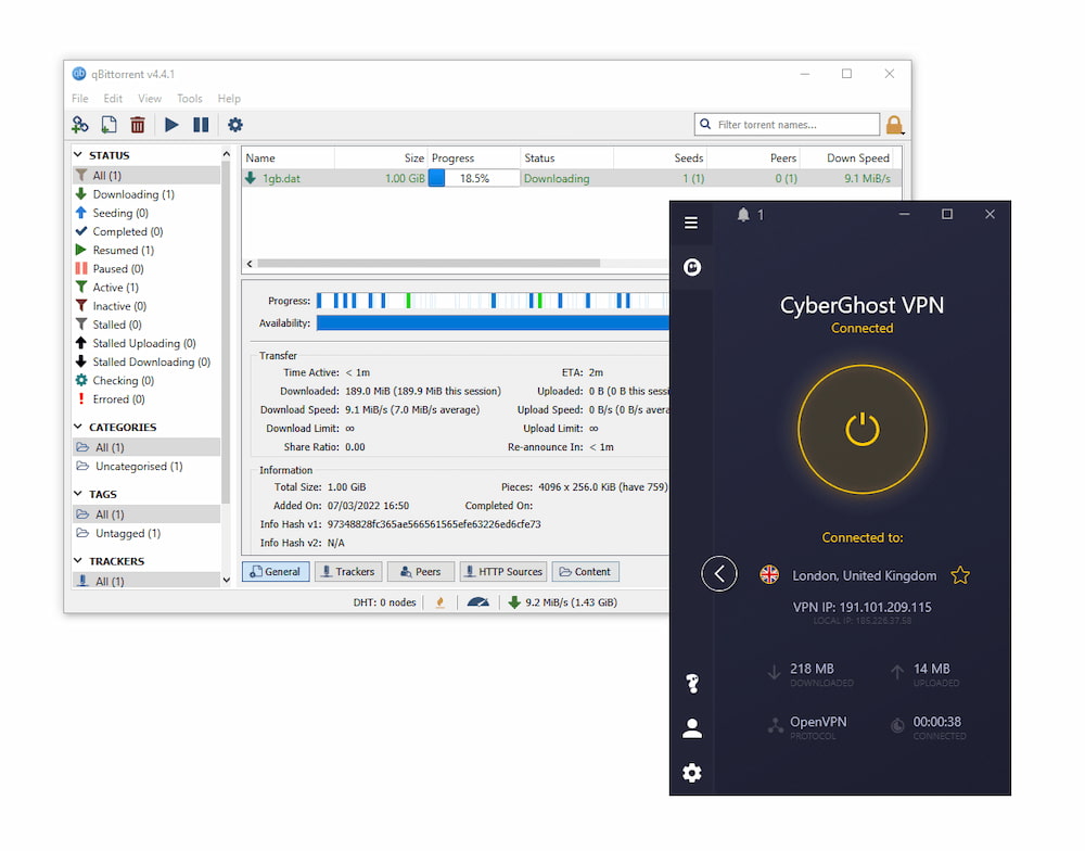 Schermata di CyberGhost e qBit Torrent