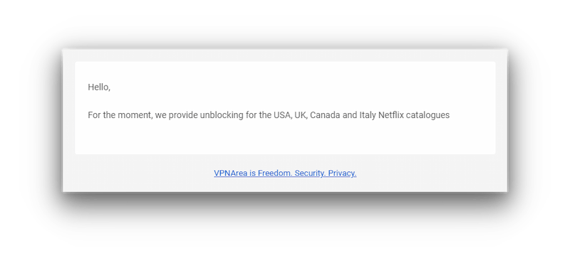 Respuesta por email de la atención al cliente de VPNArea. 