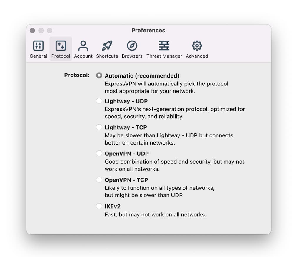 ExpressVPN protocol settings menu