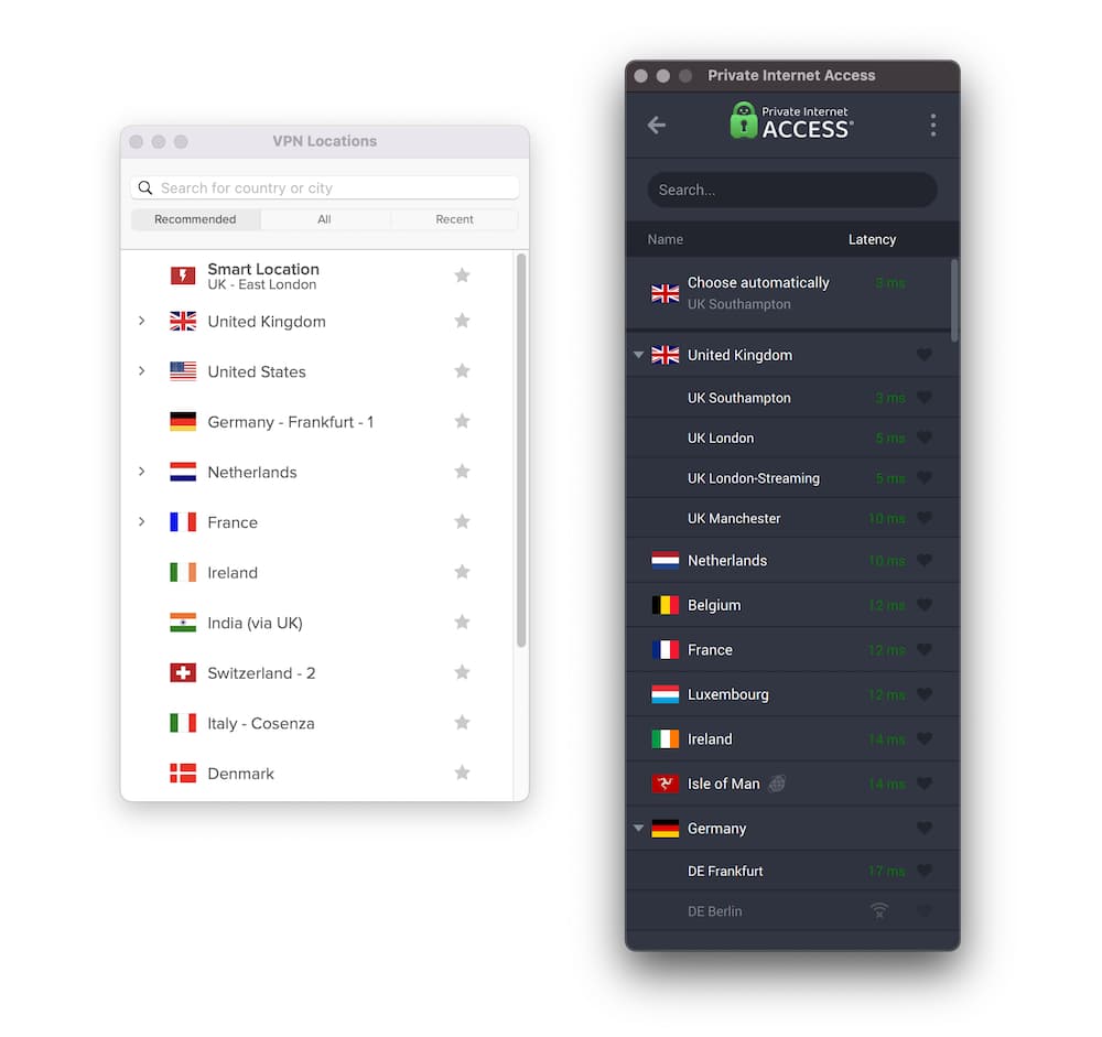 Menus des serveurs ExpressVPN vs PIA