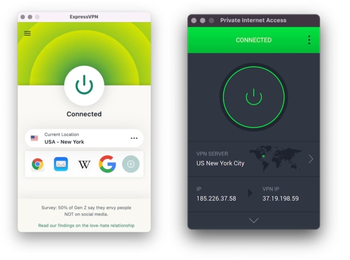 Two examples of popular VPNs, ExpressVPN and Private Internet Access