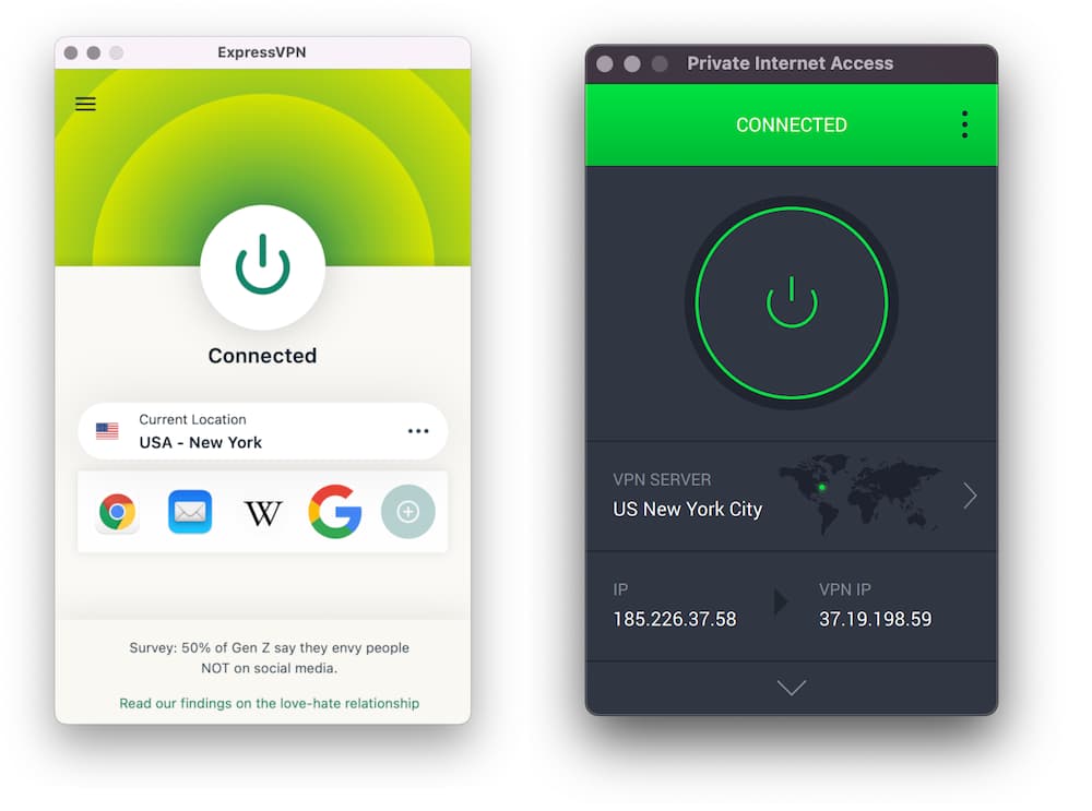 Dwa przykłady popularnych usług VPN – ExpressVPN i Private Internet Access