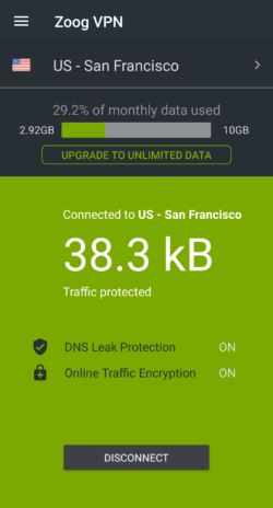 Zrzut ekranu przedstawiający stronę główną aplikacji ZoogVPN dla systemu Android połączonej z serwerem w USA.