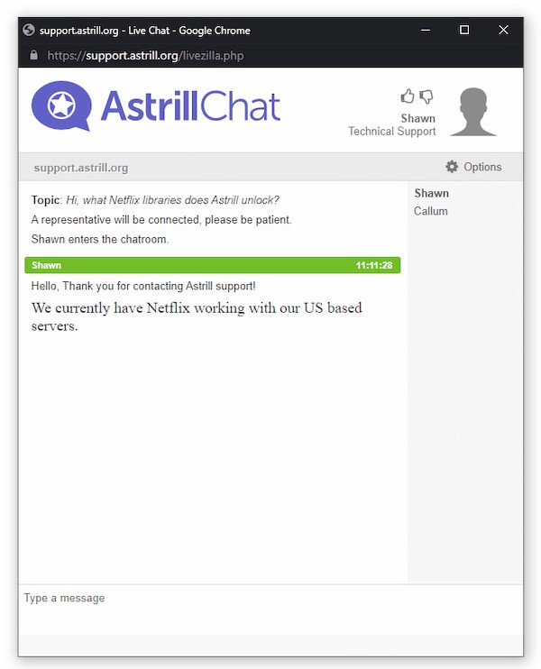 Astrill의 실시간 채팅 상담
