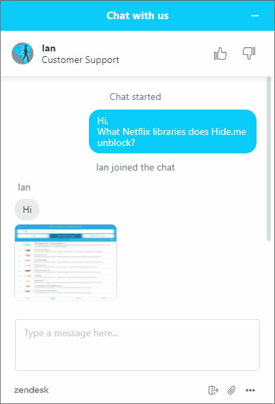 Chat en tiempo real de atención al cliente de Hide.me