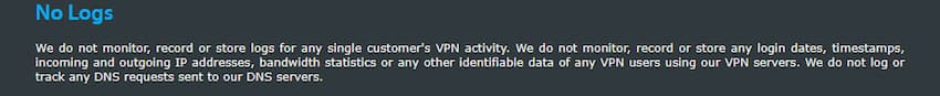 Captura de pantalla de la política de registro de VPN.ac.
