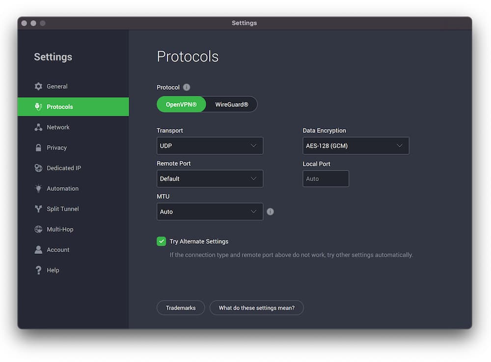 The PIA encryption settings menu