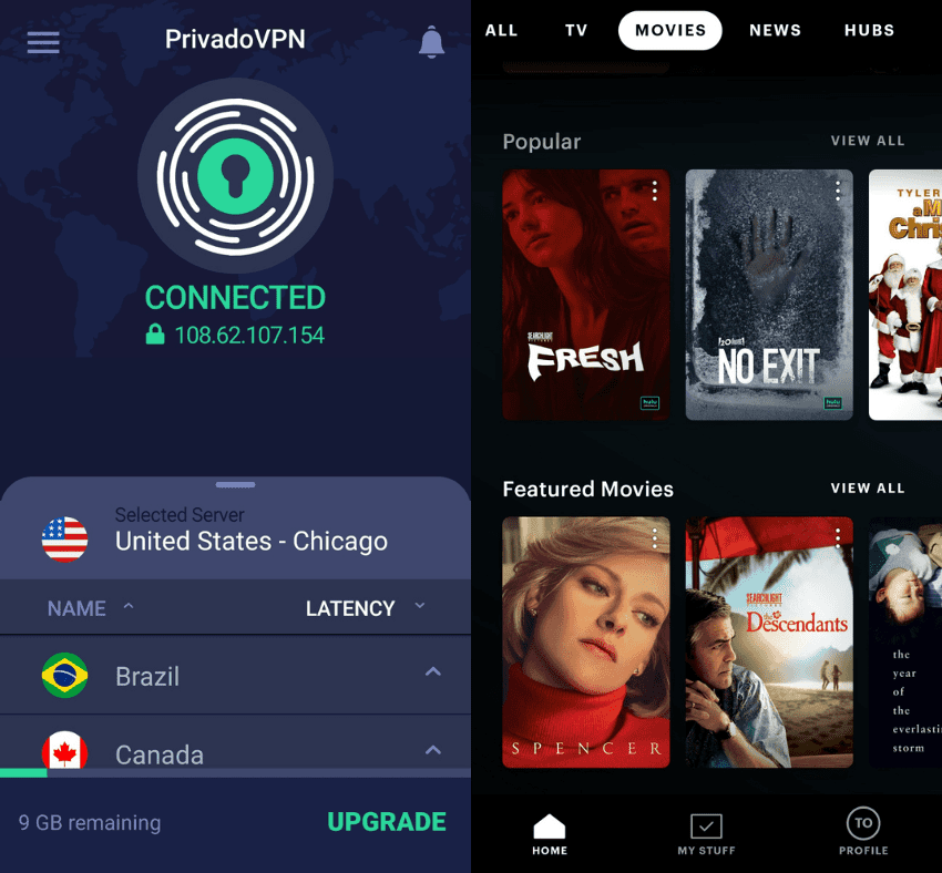 Screenshot of PrivadoVPN Free connected to a server in Chicago and Hulu with US content.
