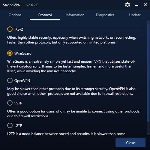 Screenshot of StrongVPN's protocols.