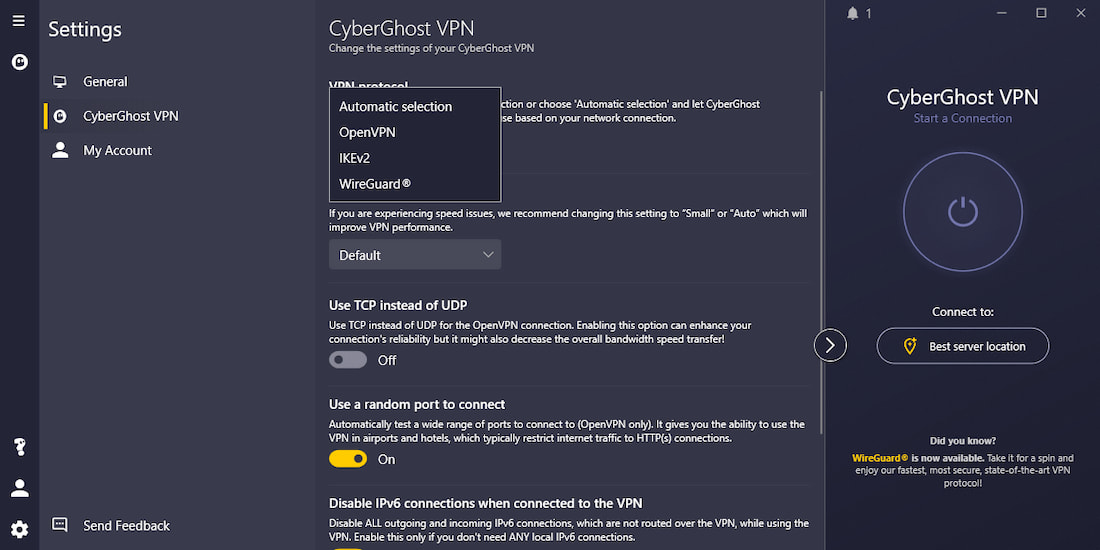 CyberGhost dispone dei protocolli WireGuard e OpenVPN