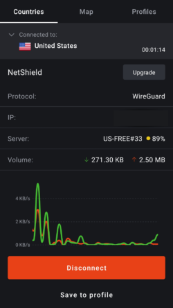 Captura de pantalla durante una conexión de Proton VPN a un servidor de Estados Unidos.