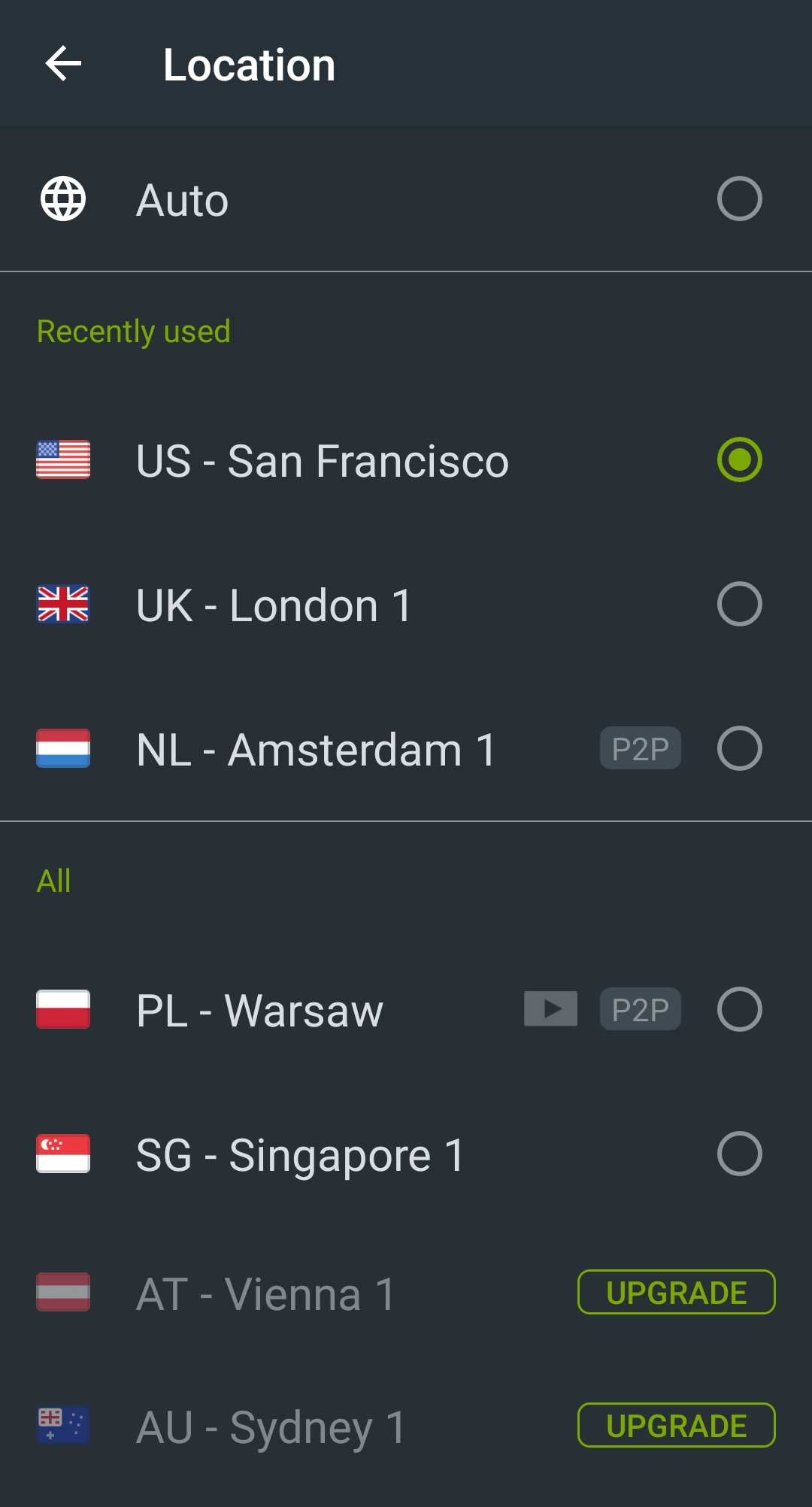Schermata dell’elenco dei server di ZoogVPN