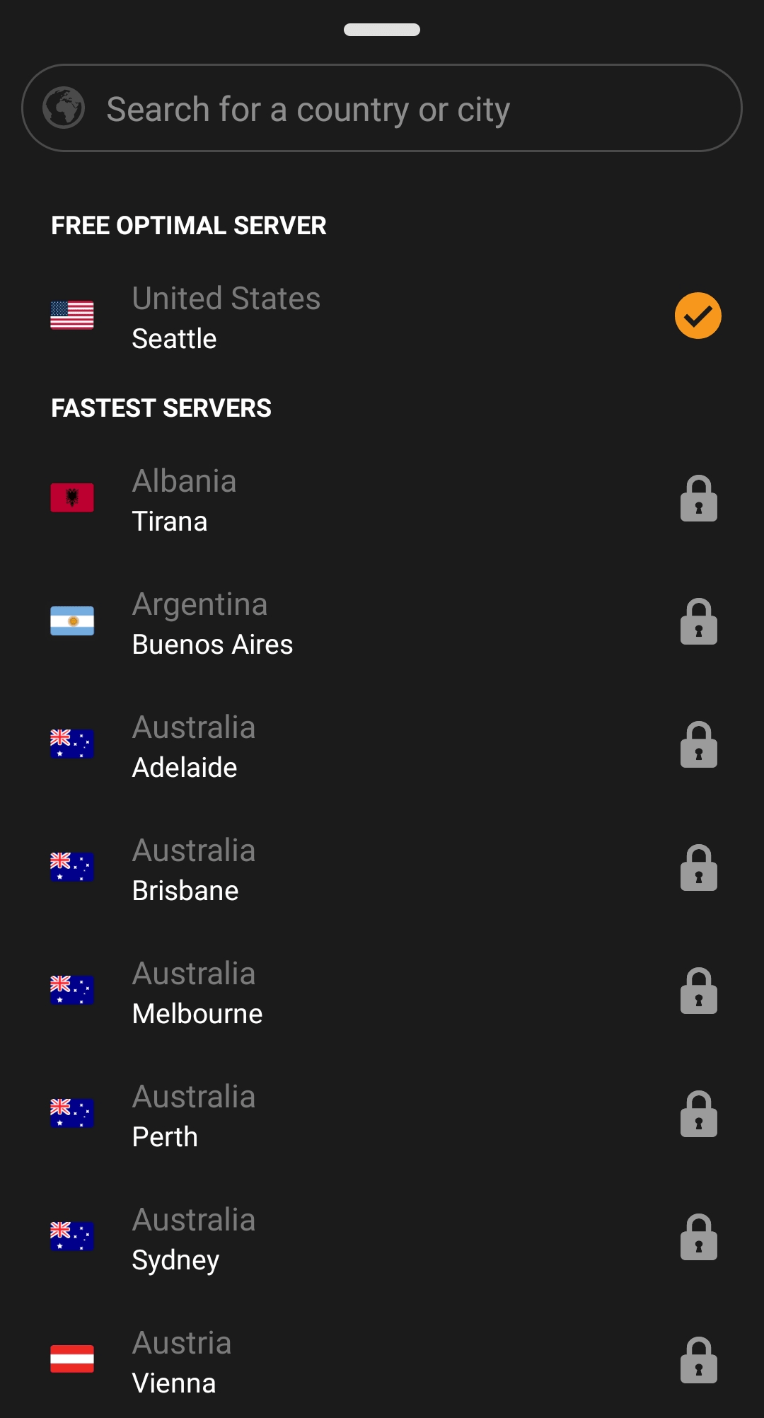 VPNhub's Android app server list. It's connected to a server in Seattle.