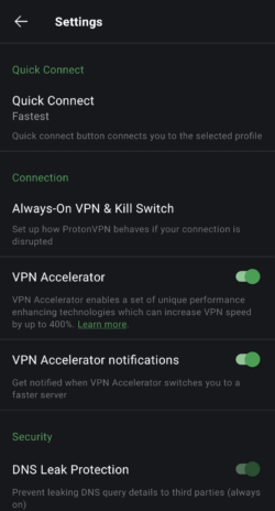 Captura de pantalla de los ajustes de la aplicación de Proton VPN para Android.