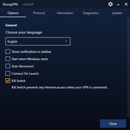 Screenshot of StrongVPN's kill switch.