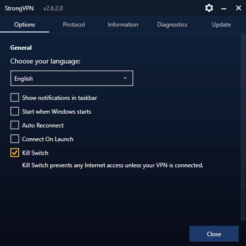 Screenshot of StrongVPN's kill switch. 