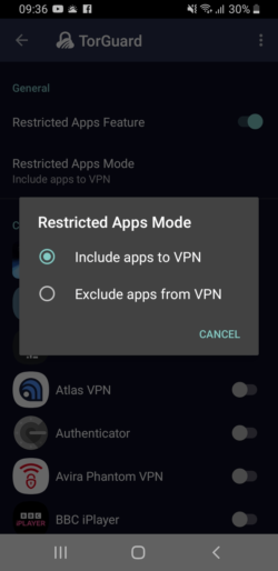 Captura de pantalla de la aplicación de Android de TorGuard. Muestra el modo de aplicaciones restringidas que está disponible en la configuración.