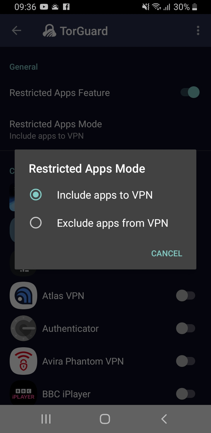 Screenshot of TorGuard's Android app. It shows the restricted apps mode available in settings. 