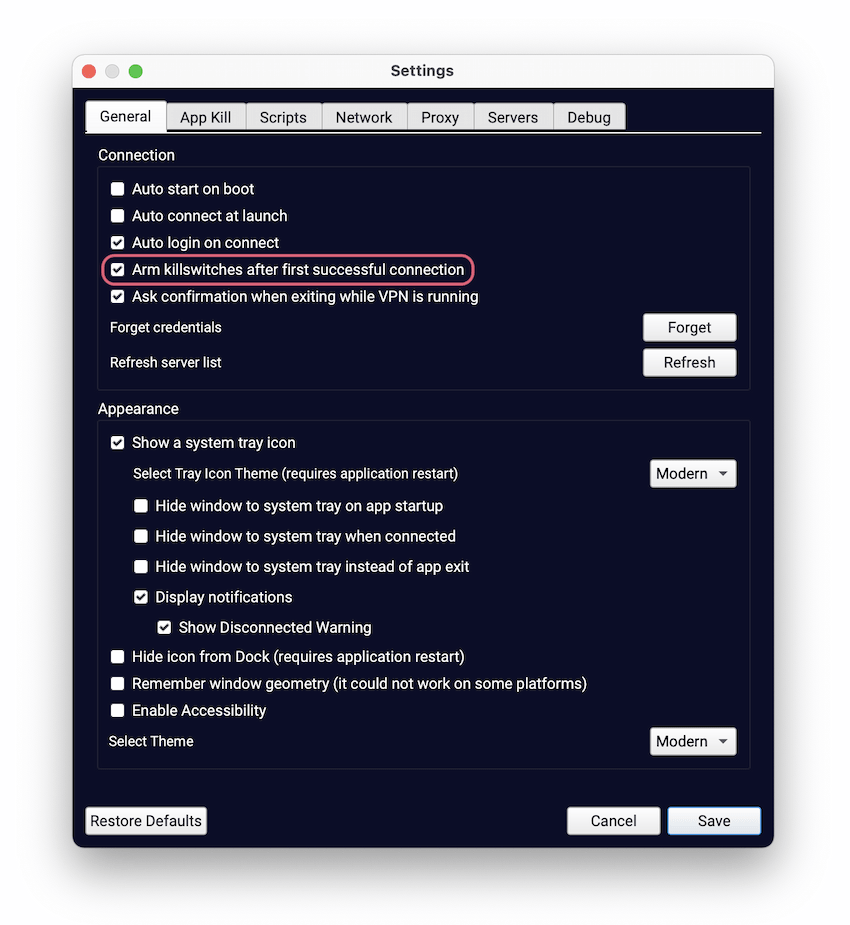 TorGuard's Windows client has an option in General setting to "Arms killswitches when first connected."